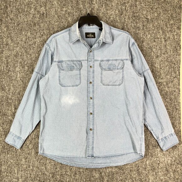Red Head Shirt Mens L Button-Up Camp Field Outdoor Hike Chore Cottage Denim - Picture 1 of 13